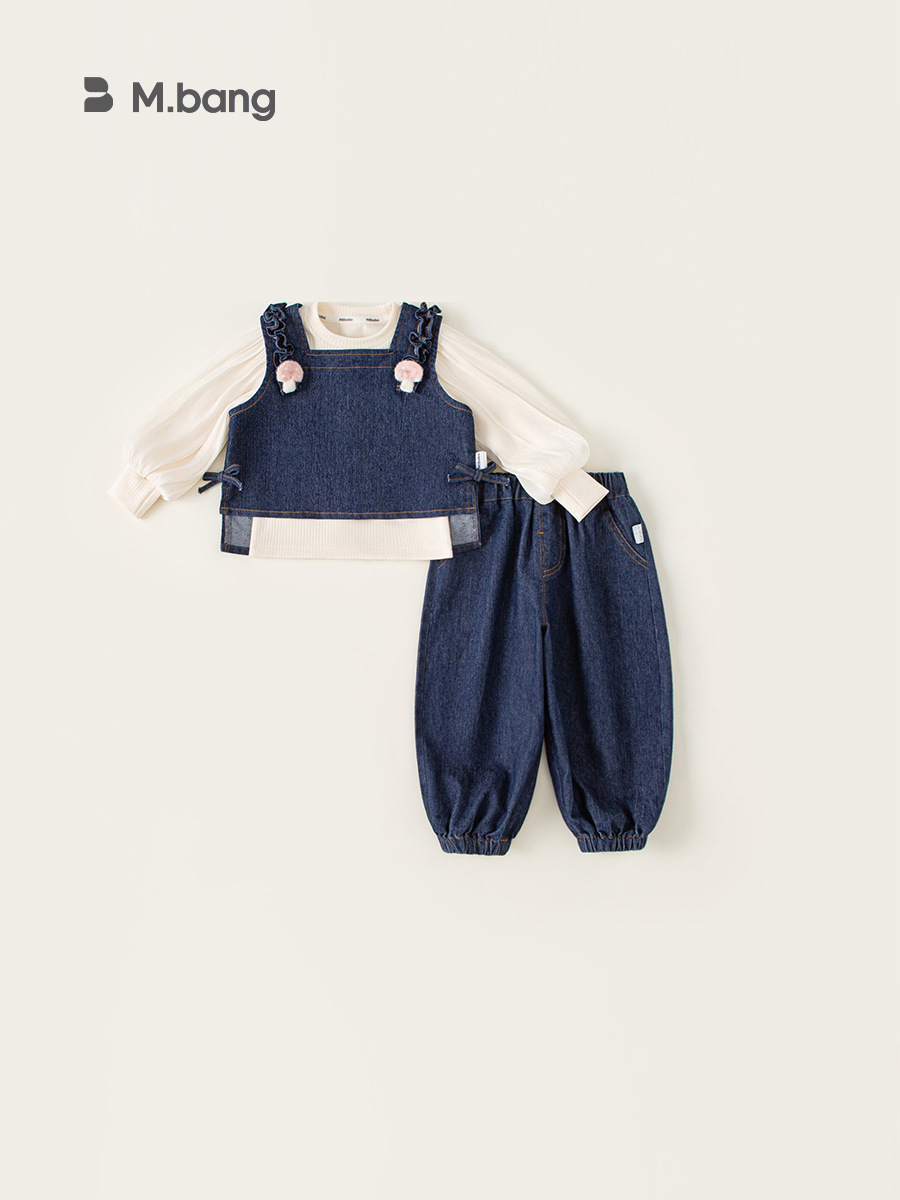 Bong Selected Girls Autumn New Sweet suit Children's Ear-rimmed Vest Bubble Sleeve Inner Jeans Three-piece Set