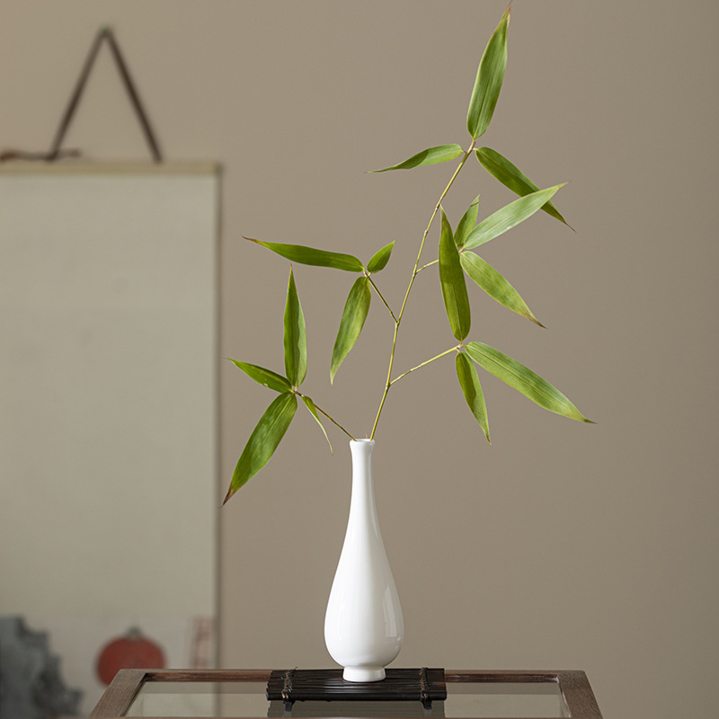 White Ceramic Handmade Small Vase with Jade Porcelain Guanyin, Chinese-Style Home Zen Flower Arrangement Ornament