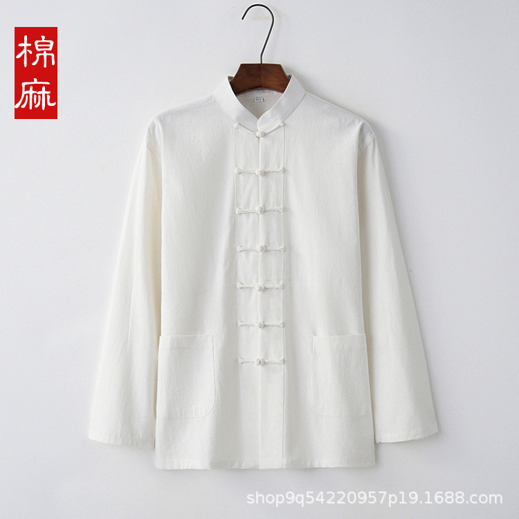 Chinese Style Tang Suit Men's Long-Sleeved Spring & Fall Cotton and Linen Middle-Aged and Elderly Chinese Style Disc Button Tai Chi Suit Bottoming Shirt Han Dynasty Layman Suit