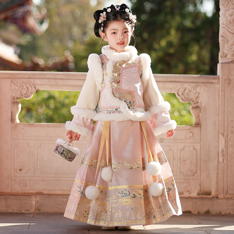 Traditional Chinese Style Winter 2025 New Hanfu for Girls, Autumn/Winter Outfit, National Style Thickened Cheongsam Dress for Children, New Year Outfit