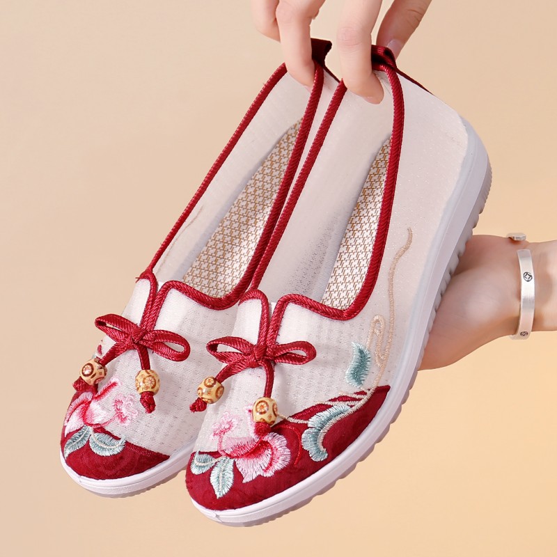 Old Beijing Cloth Shoes for Women, Summer Mesh Breathable Hanfu Embroidered Shoes, Soft-Soled Shallow Mouth Women's Shoes with Hollow Design