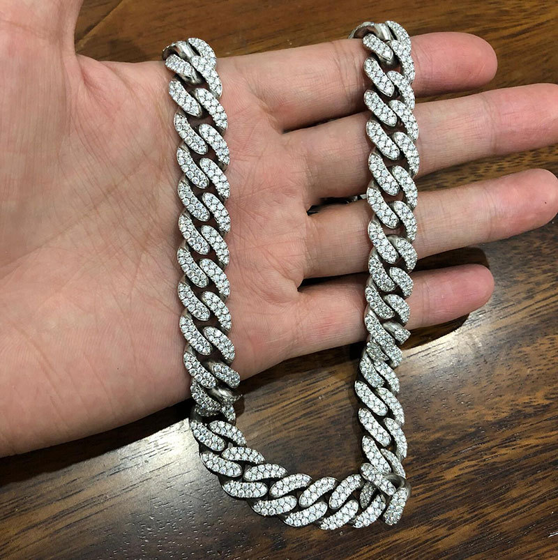 Platinum Pt950 Cuban Necklace European and American Hip-Hop Necklace Men's 10mm Double Row Diamond Bubble Cuban Necklace Cross-Border