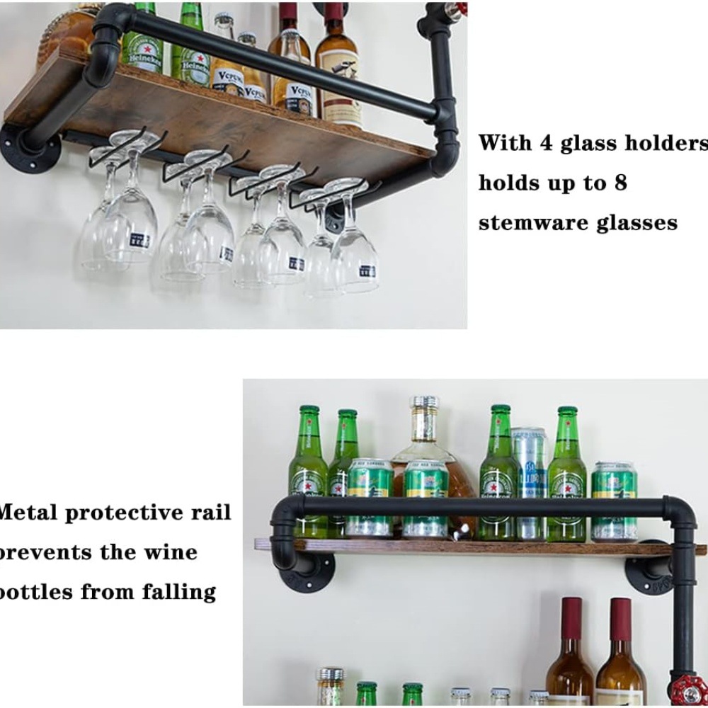Industrial Wall Mounted Wine Rack Metal Hanging Wine Rack Floating Bar Rack Bottle Holder Storage Rack Wooden Shelf Wall Shelf