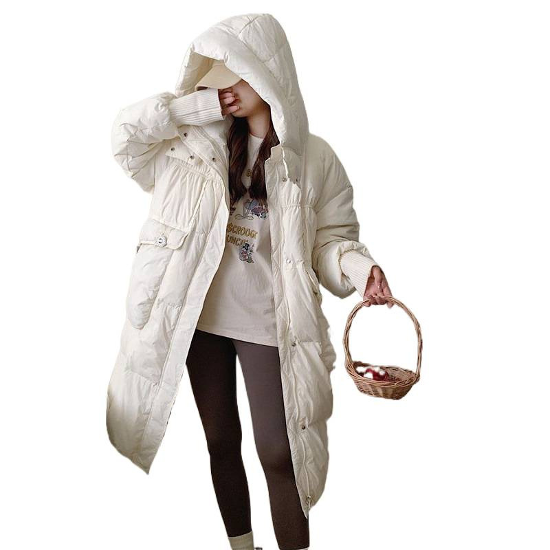 Korean Style Long Over-The-Knee Hooded Fashionable down Jacket for Women New Loose White Duck down Warm Thickened Jacket Winter White