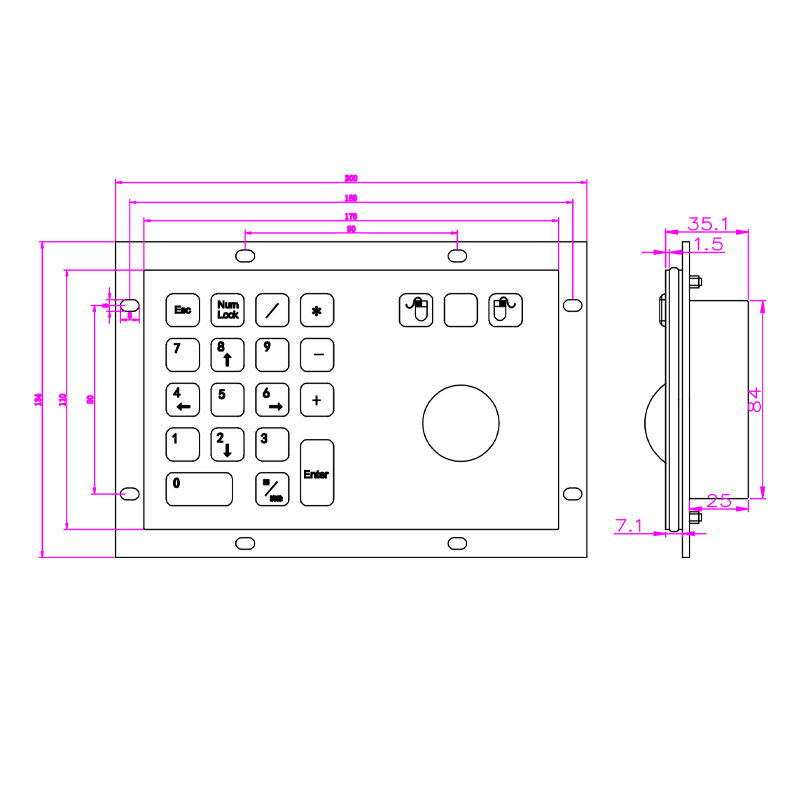 Dawo D-8305 Explosion-Proof Digital Keyboard with Trackball Mouse Stainless Steel Buttons Dustproof, Waterproof and Riot-Proof Equipment