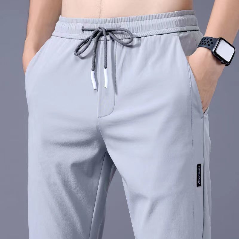 Summer Men's Breathable Ice Silk Casual Pants Large Size Straight Versatile Comfortable Thin Quick-Dry Men's Drawstring Sports Pants