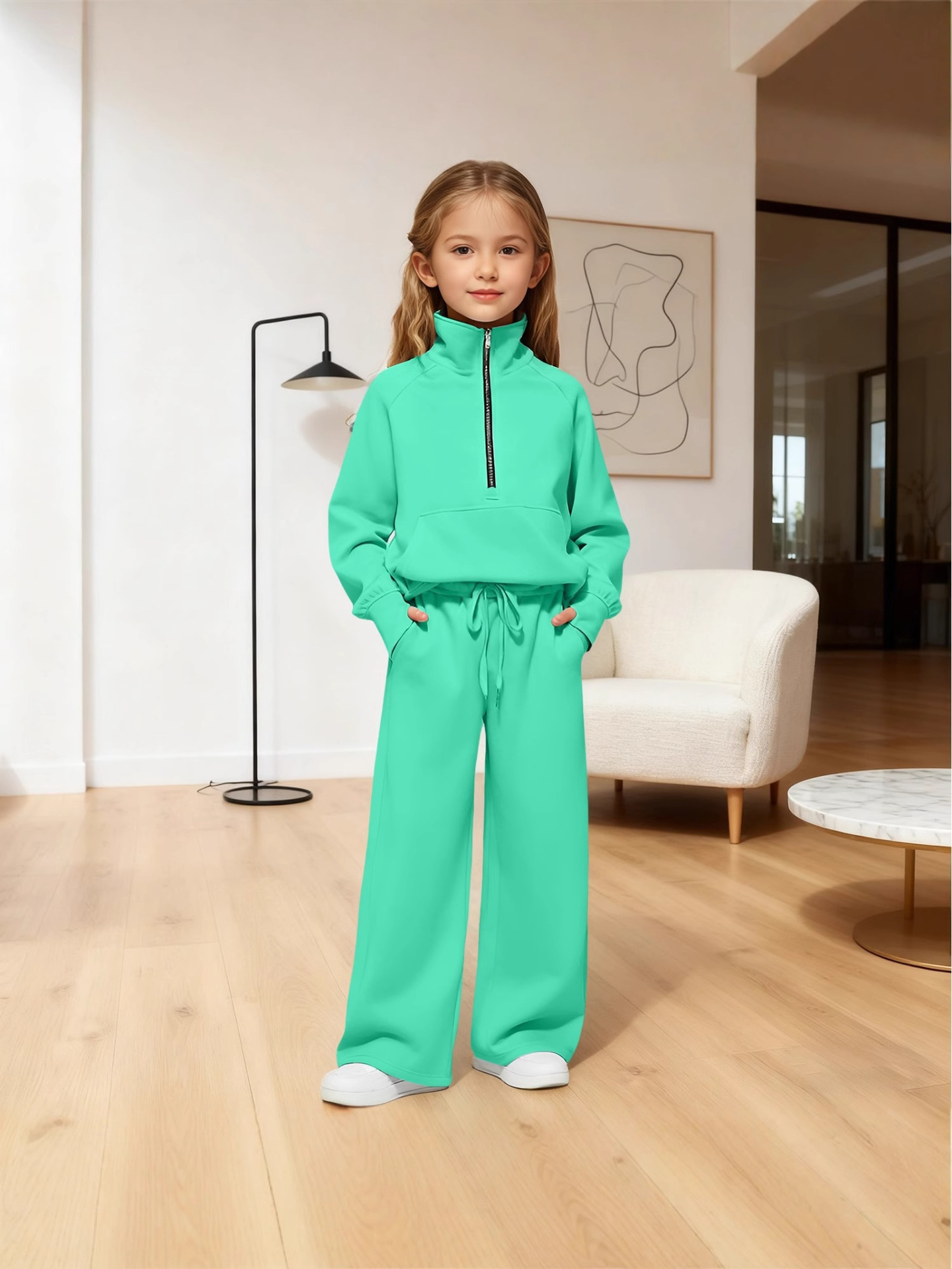 2025 European and American Amazon European and American Two-Piece Half-Zip Sweatshirt Wide-Leg Sweatpants Casual Children's Suit