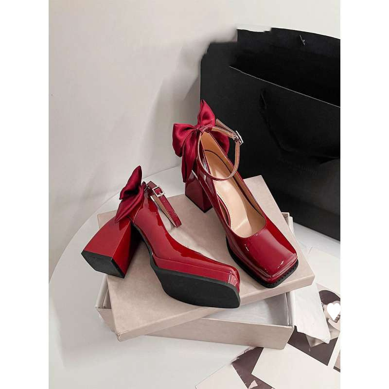 Красные квадратные каблуки свадебные туфли для маленьких женщин, новые свадебные туфли, водонепроницаемая платформа, Мэри Джейн