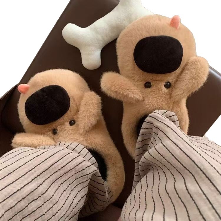 Internet Celebrity New Cute Puppy Slippers for Winter Outer Wear Non-Slip Home Fleece-Lined Indoor Warm Cotton Shoes with Fur