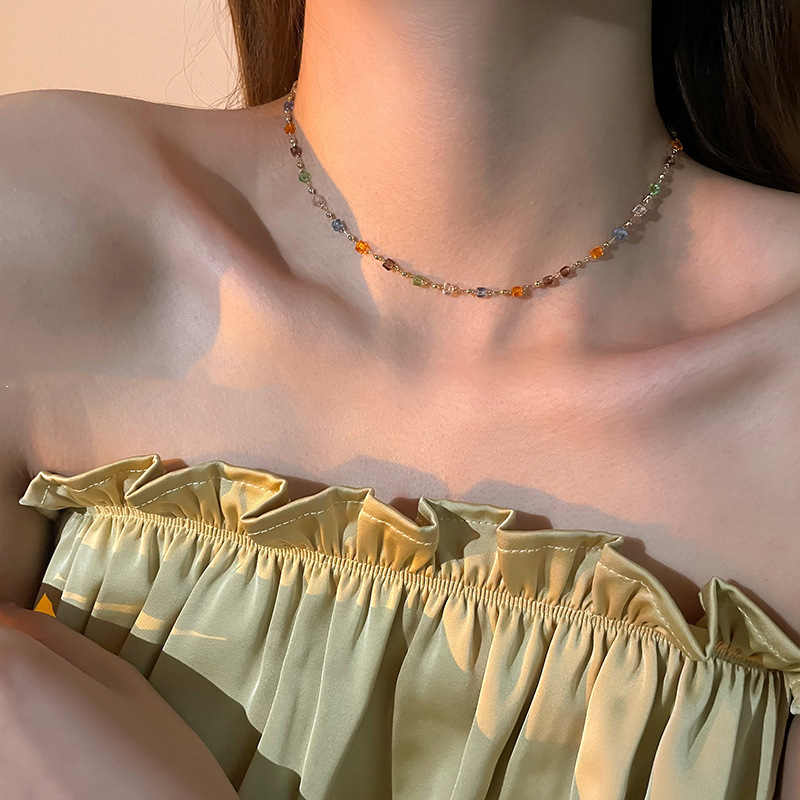 Japanese and Korean Cross-Border Jewelry Niche Design Colorfulful Crystal Necklace Women's Simple Stylish Small Fresh Neck Necklace