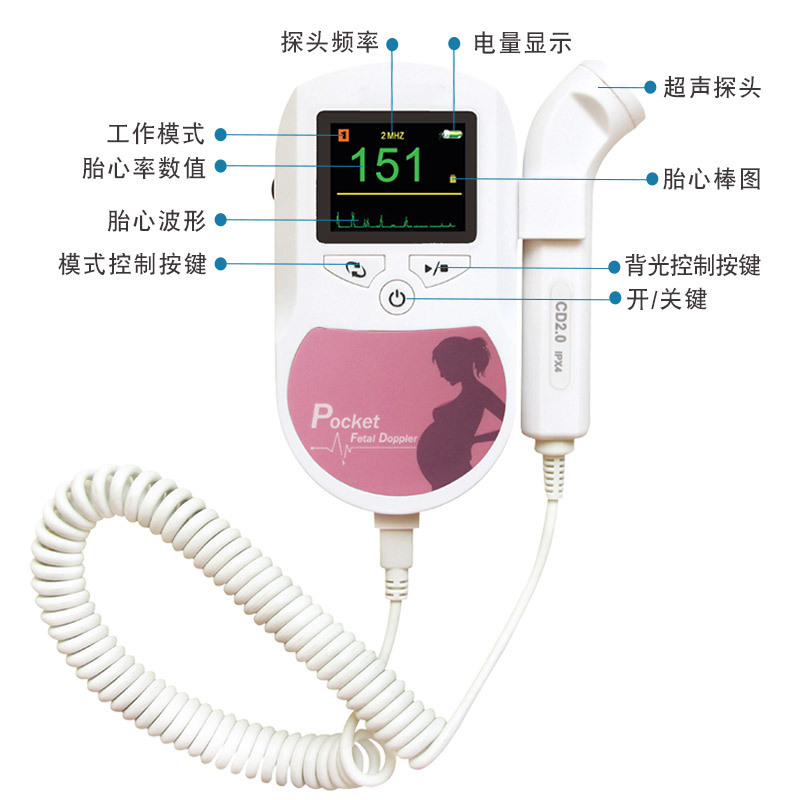 Kangtai Ding Customized Portable Fetal Heart Rate Meter Home Doppler Ultrasound Pregnant Women Handheld Fetal Movement Stethoscope Fetal Heart Rate Meter