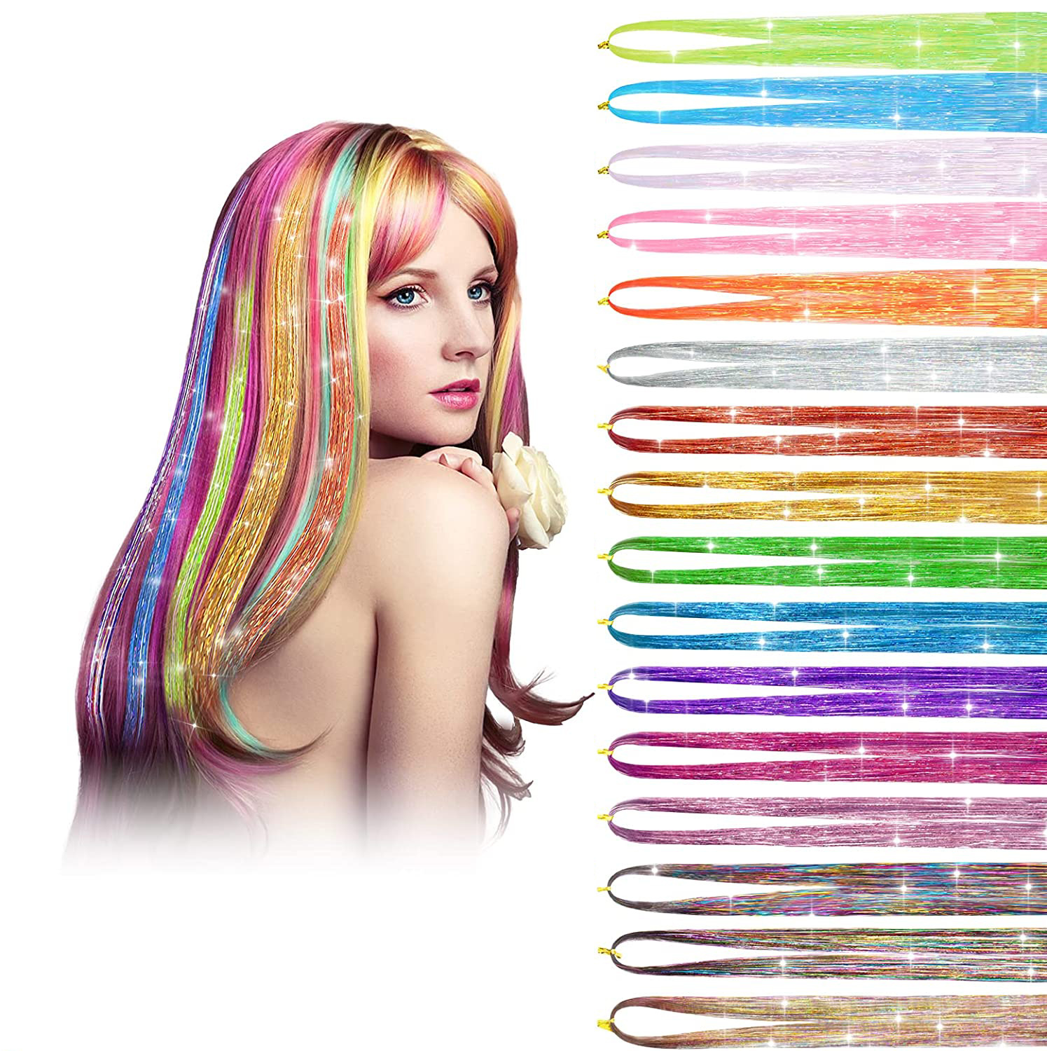 Кросс-бордерный лазерный парик, европейский и американский, блестящий золотой и серебряный, цветной шелковый парик, 16 цветных мест