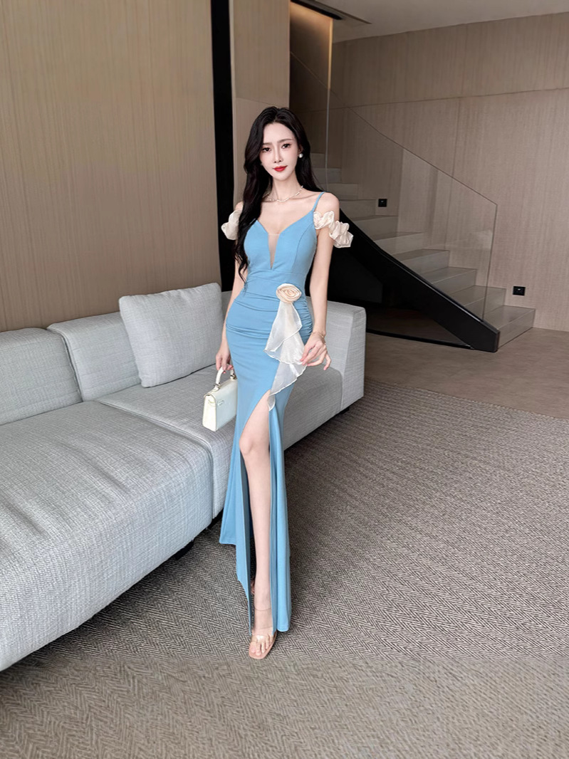 1625 High-end Strap Shoulder Strap Flower dress Evening Dress Engagement Banquet Flower Stitching Waist Split