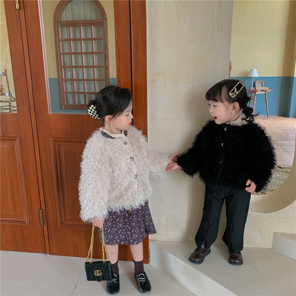 Girls' Western Style Woolen Coat 2023 Winter Korean Style Children's Wear Baby Girls' Light Luxury Fur Short Coat Trendy Style Cardigan