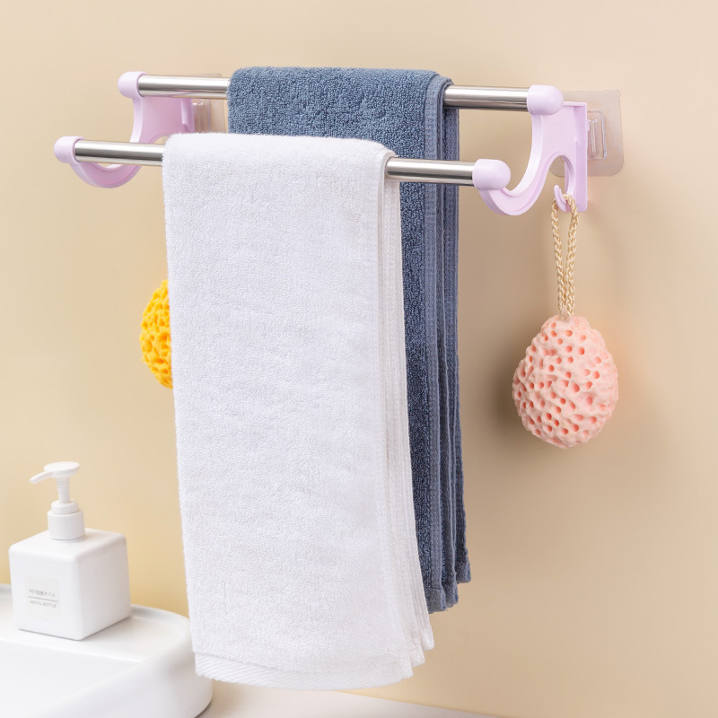 New Seamless Punch-Free Double-Pole Towel Rack Bathroom Kitchen Storage Rack Plastic Stainless Steel Towel Bar Hanger