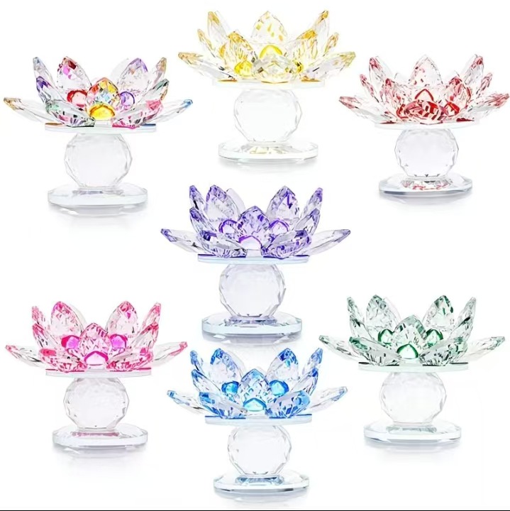 Factory Direct Sales Colored Crystal Butter Lamp Lotus Lamp Holder Crystal Lotus Candle Holder Lotus Lamp Ornaments Decorative Supplies