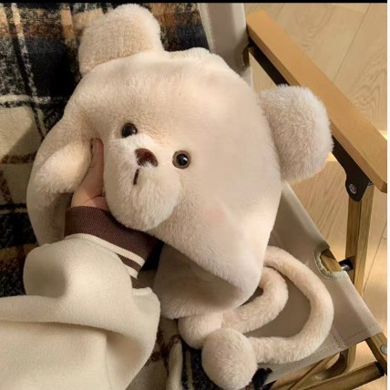 Winter New Hat Thickeneded Warm Bear Hat Scarf One-Piece Two-Piece Set Fashionable and Cute Plush Neck Protection Hat