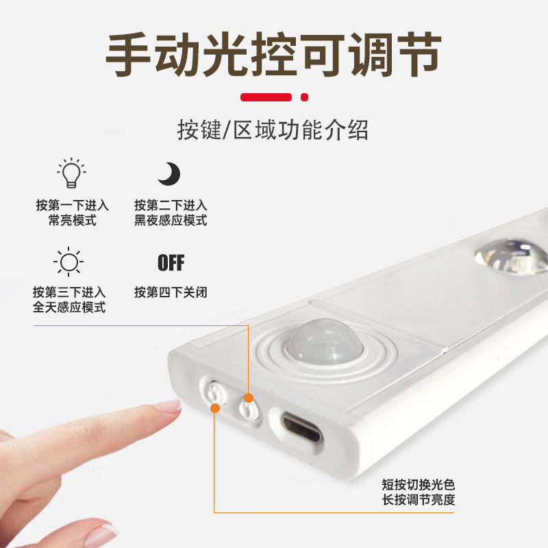 Intelligent Led Human Body Sensor Light Ultra-Thin Cat Eye Hill Light Strip Rechargeable Self-Adhesive Wardrobe Wine Cabinet Cabinet Light Strip