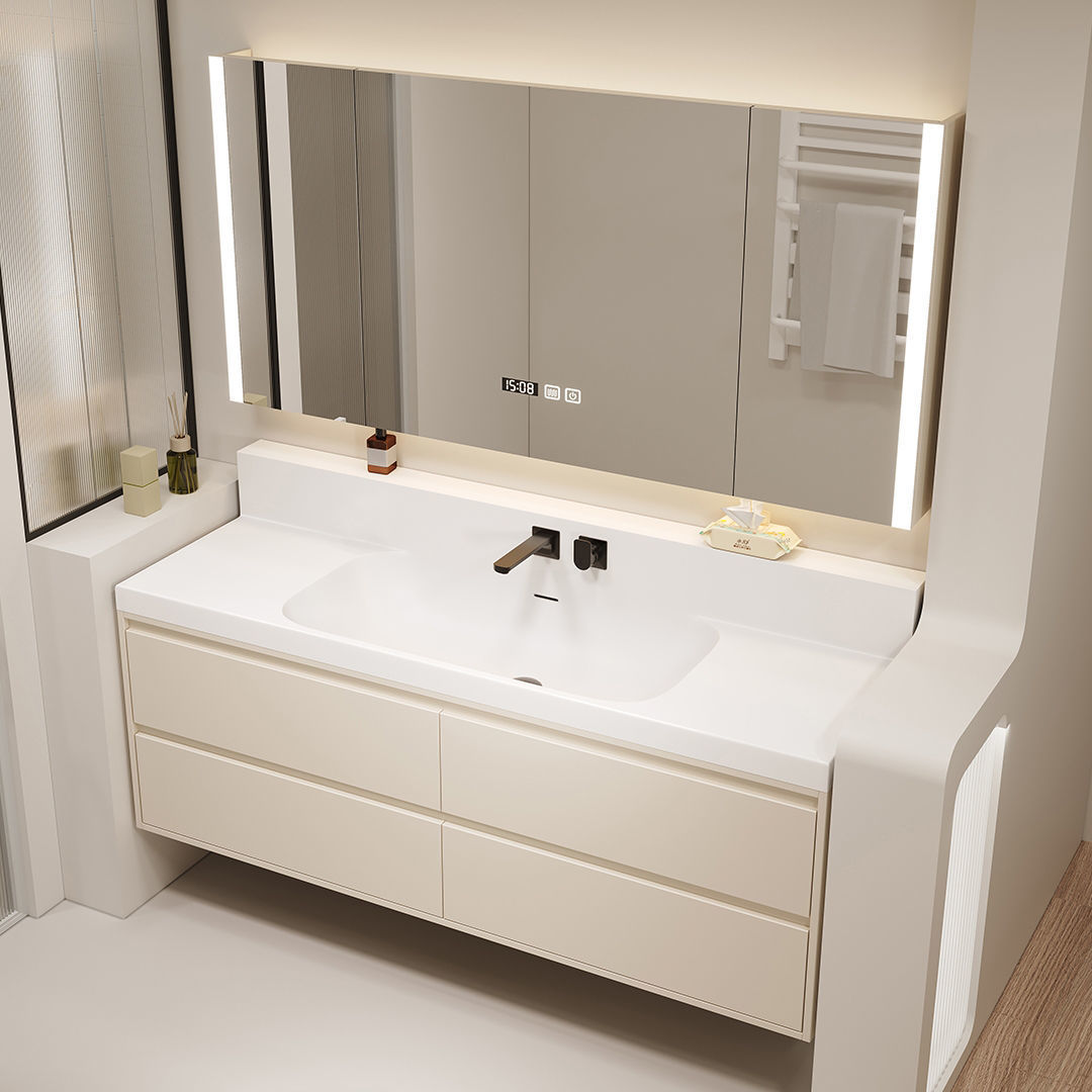 Japanese-Style Bathroom Cabinet Set 73/83/93/103/113 Wall-Mounted Faucet Rock Slab Seamless Basin Solid Wood Washstand