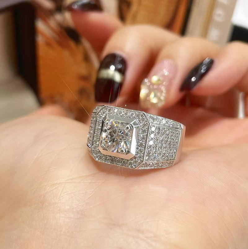 Pt950 Platinum Full Diamond Luxury Men's Ring 2 Carat Cultivated Diamond Ring Customized 14K9K Ring Cross-Border Export