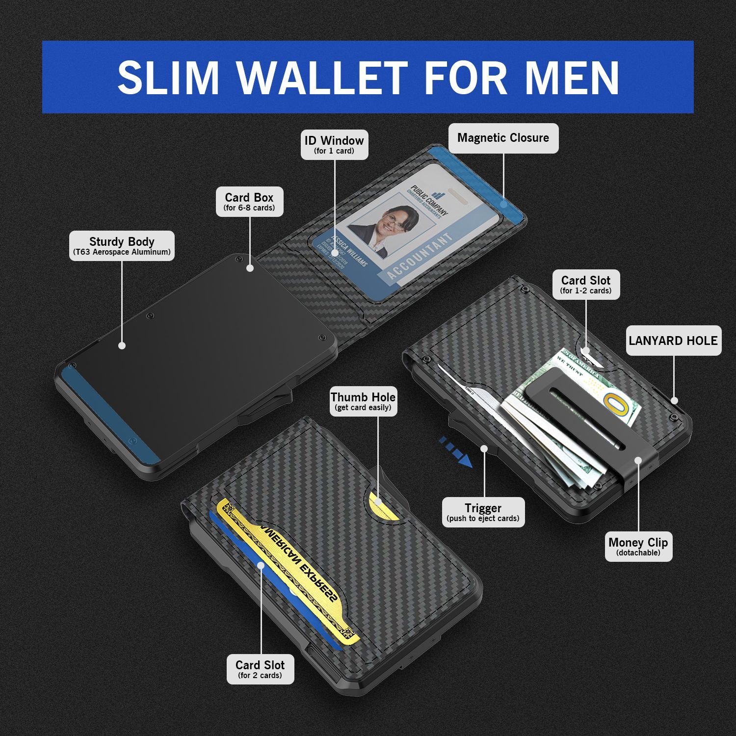 New men's carbon fiber wallet, card holder, with cash clip, aluminum alloy card holder, can hold 13 cards