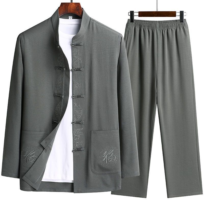 Tang Suit Men's Chinese Style Grandpa Long-Sleeved Cotton and Linen Suit Middle-Aged and Elderly Dad Spring and Summer Han Dynasty Men's Chinese Style Clothes for the Elderly