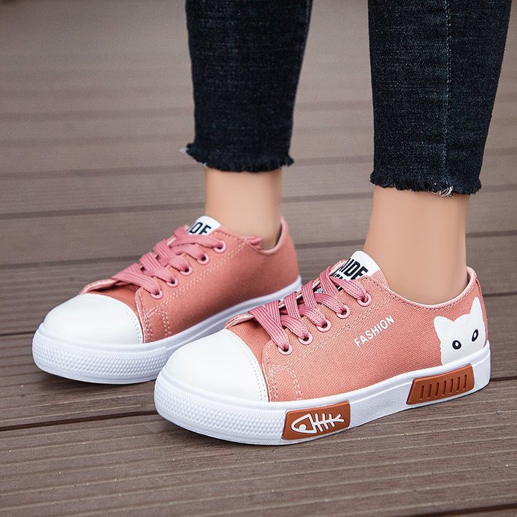 Large Size Canvas Shoes for Women, Casual White Shoes, Kitten Student Shoes, Low-Top Flat Ins Street Fashion Shoes for Women