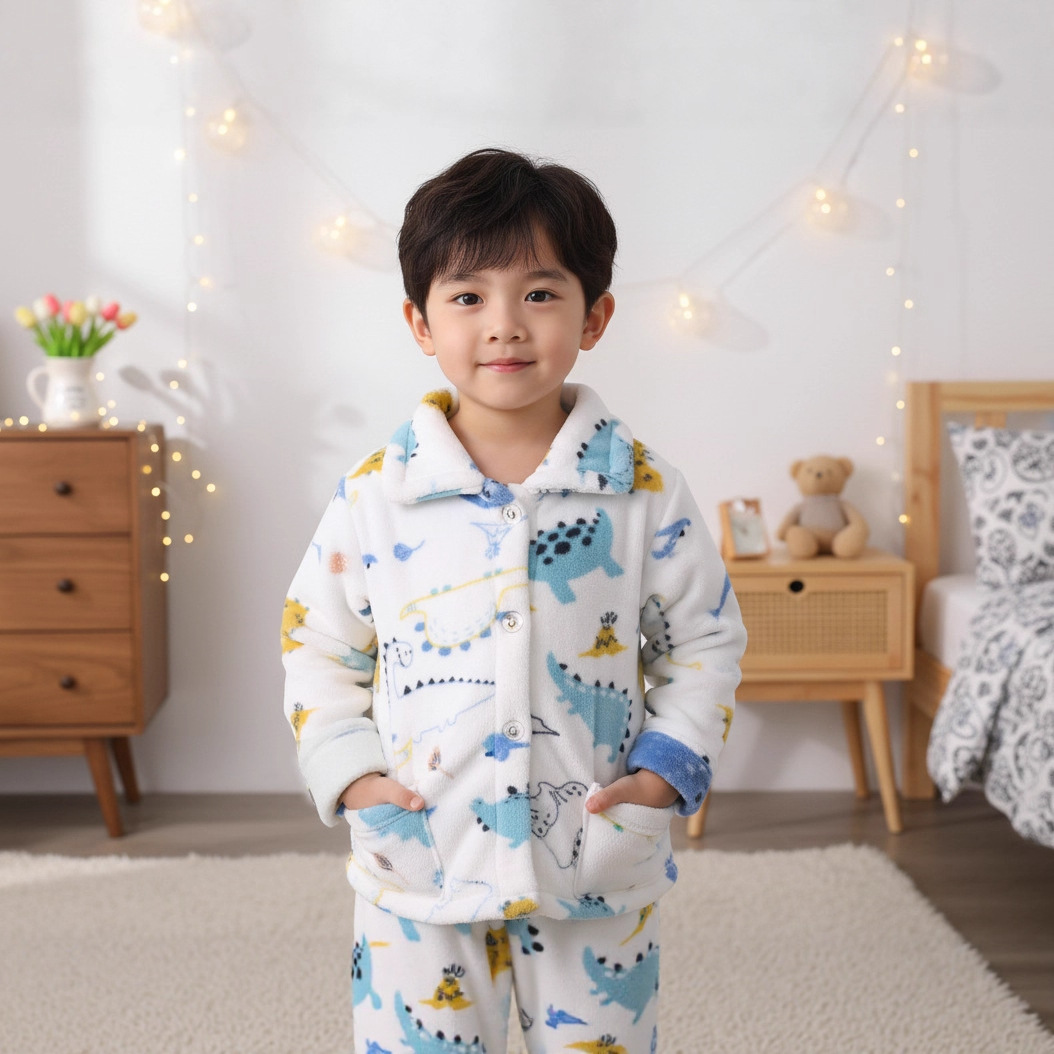 Girls' Pajamas Long-sleeved Flannel Children's Pajamas Autumn and Winter Coral Fleece Boys' Baby Children's Home Clothes Set