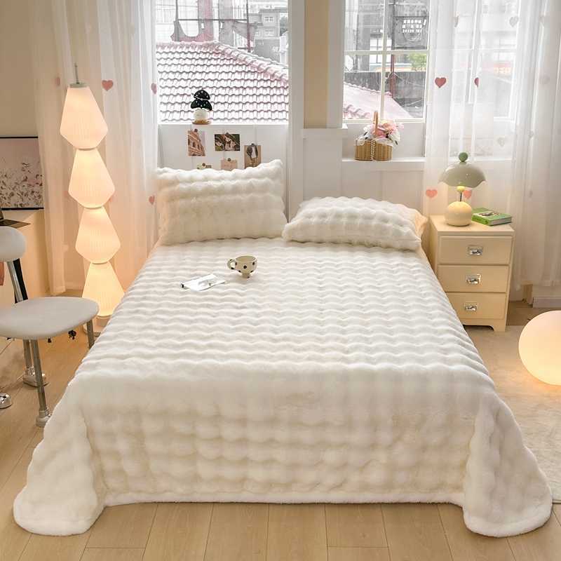 Nantong Home Textile Bed 2025 New Thickened Solid Color Rabbit Fur Plush Bubble Single Bed Sheet Group Buying Wholesale