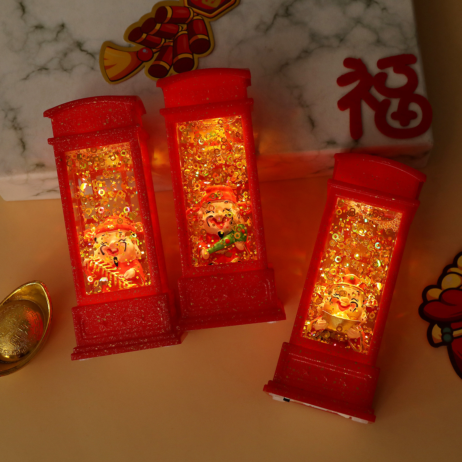 New Year God of Wealth Water Filled Phone Booth Night Light Desktop Ornament Decoration New Year Gift