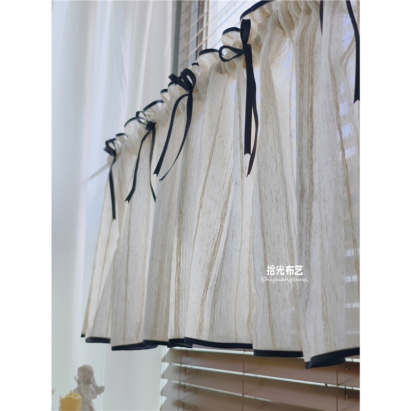 Retro Cotton and Linen Gauze Short Curtain Black Bow Half Curtain Partition Door Curtain Kitchen Window Curtain Cabinet Curtain Shielding Dustproof
