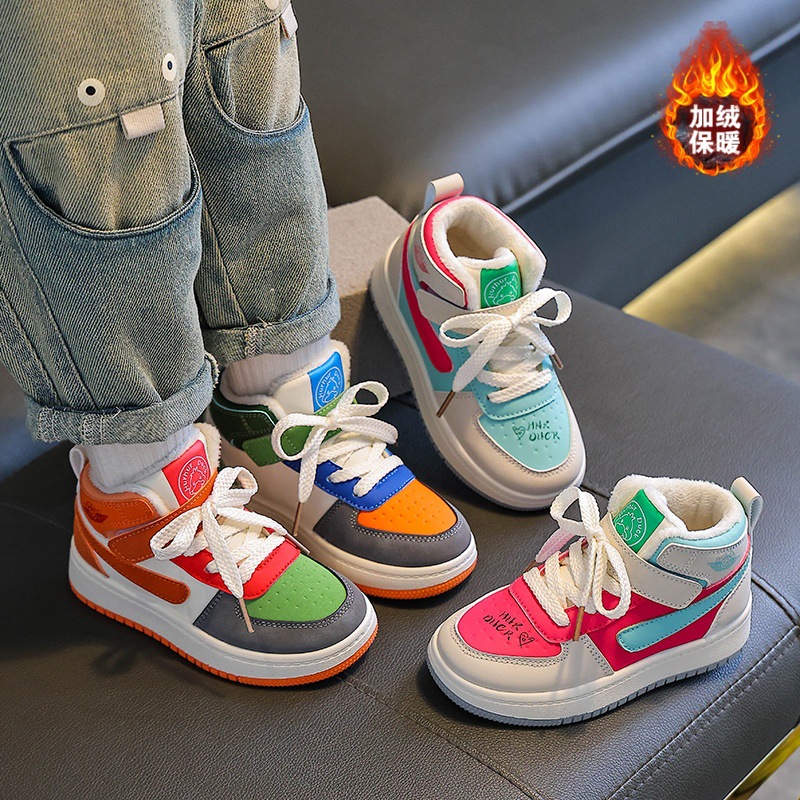 Детские высокие хлопковые туфли, зимние бархатные утолщенные спортивные туфли, кожаные водонепроницаемые кроссовки для студентов, теплые зимние туфли для детей