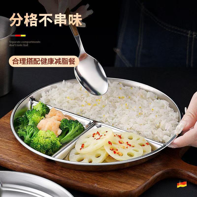 Cross-Border Stainless Steel Divided Plate with Three Compartments, Round Plate for Adults to Reduce Fat, Student Portion Control Plate