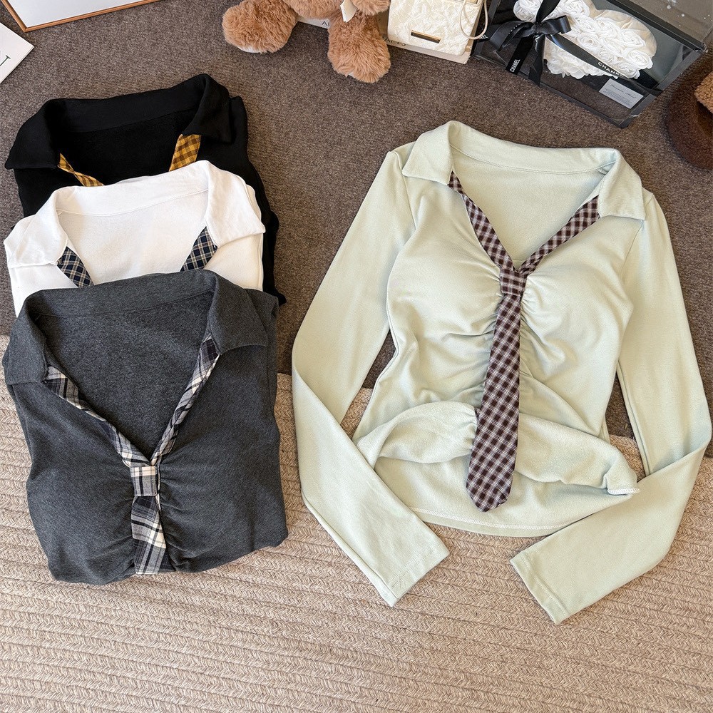 6170 # 260g Rayon Brushed Plaid Tie Lapel Long-Sleeved Top Design with Chest Pad Slim T-Shirt for Women