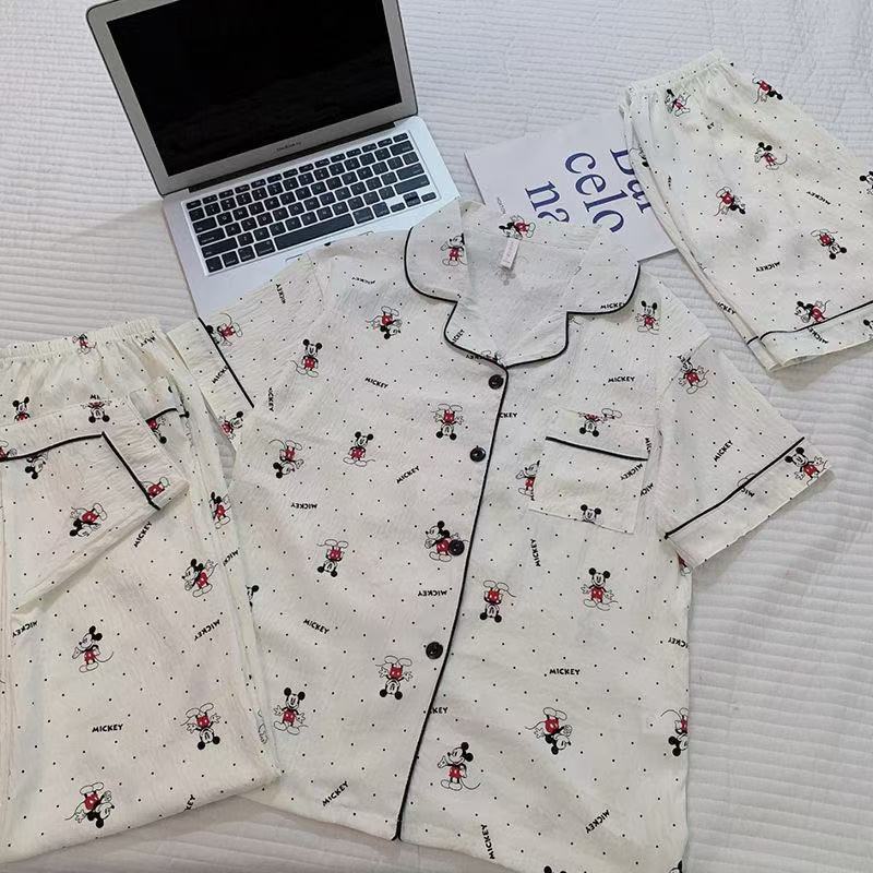 Summer Summer Porch Mickey Cloud Cotton Three-Piece Set Lapel Short-Sleeved Shorts Trousers Home Clothes Pajamas Women's Suit
