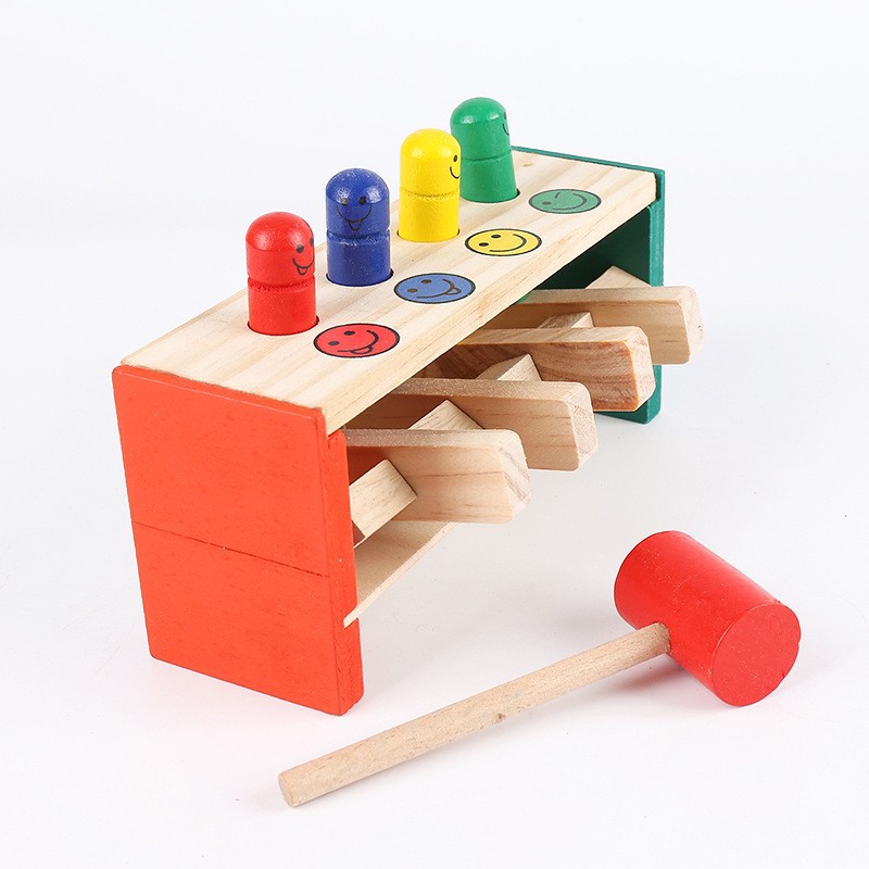 Wooden Montessori Teaching Aware Children's Knocking Toy Strike Flying Man 1-3 Years Old Children's concentration training Knocking pile table