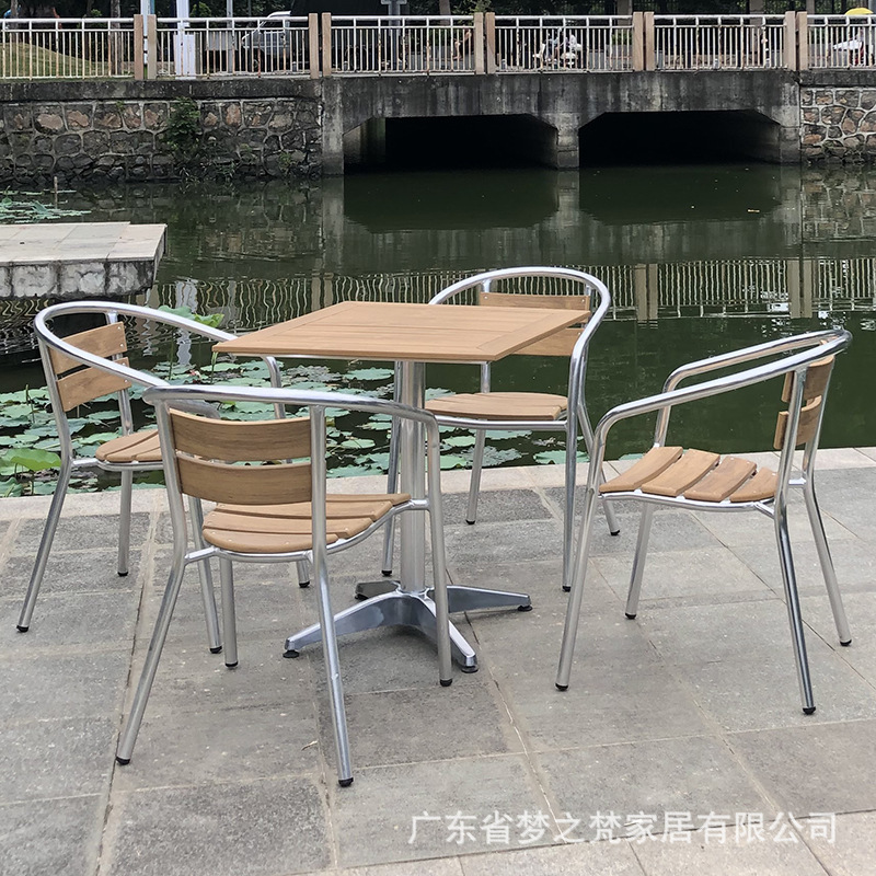 Outdoor Aluminum Wood Tables and Chairs Courtyard Aluminum Wood Combination Tables and Chairs Balcony Outdoor Leisure Garden Table and Chair Set Aluminum