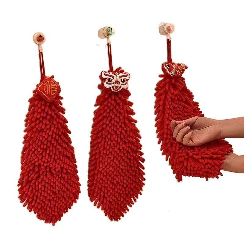 Chenille Wipe Hand Towel Hanging Cute Wedding Hand Wipe Red Festive Cartoon Kitchen Bathroom Handkerchief