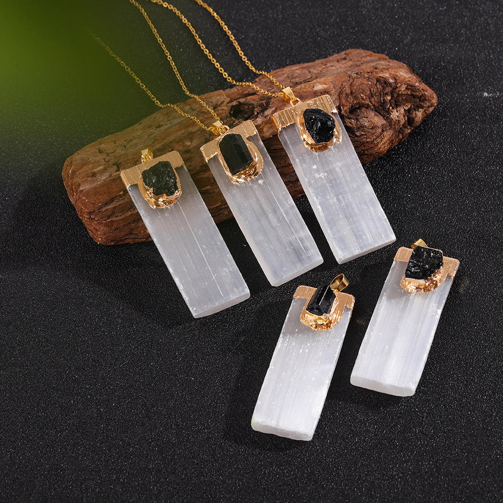 Cross-border natural white gypsum inlaid Black Tourmaline pendant electroplated square raw stone necklace European and American diy jewelry ornaments