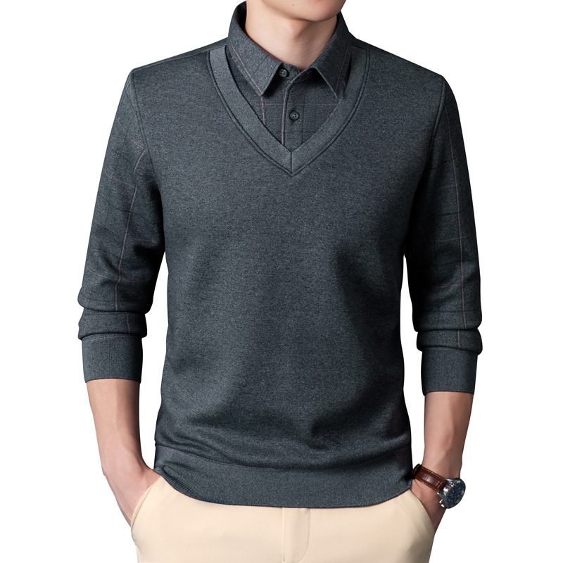 Fleece-Lined Thickened Two-Piece Knit Sweater Men's Shirt Collar Winter Warm Men's Clothing for Middle-Aged and Elderly Dads Men's Sweater