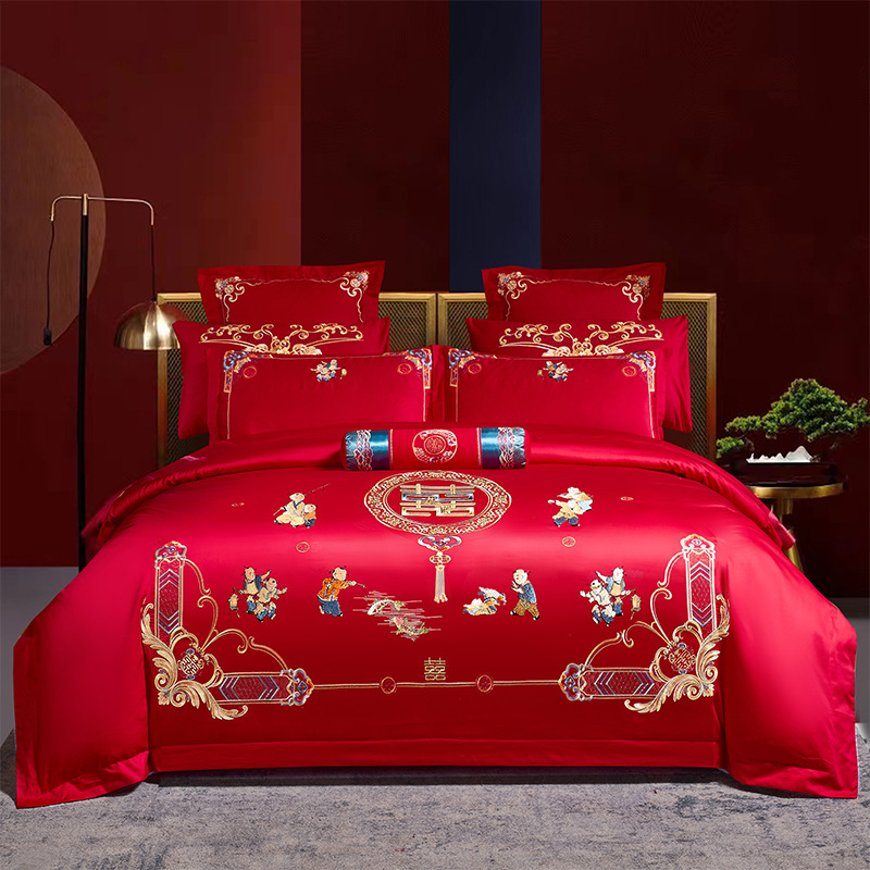 Xinjiang Long-staple Cotton Wedding Four-piece Set Big Red Embroidered Pure Cotton Embroidered Quilt Cover Bed Sheet Wedding Bedding