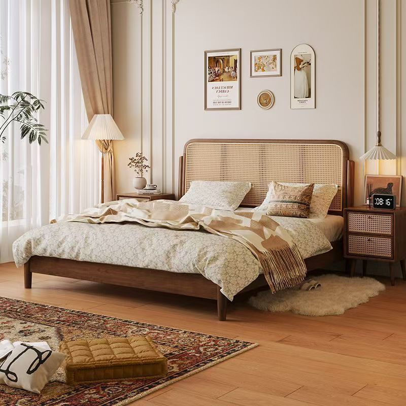 Rattan Bed Scandinavian Retro Solid Wood Bed 1.5m Double Bed 1.8m B&B Japanese Furniture 1.2m Single Bed
