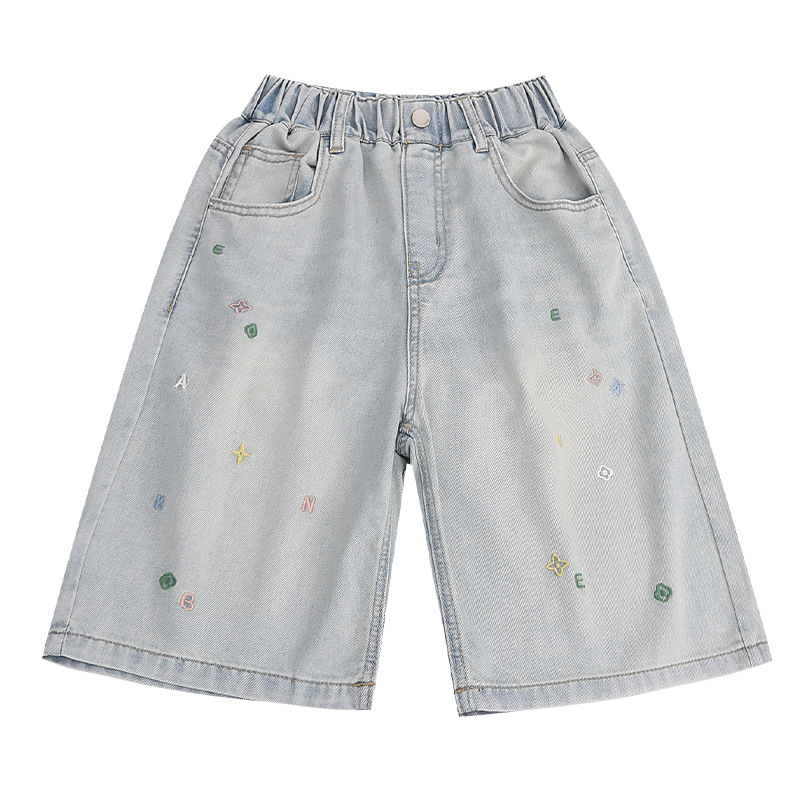Girls' Western Style Denim Shorts Summer 2025 New Children's Pants Embroidered Floral Summer Pants