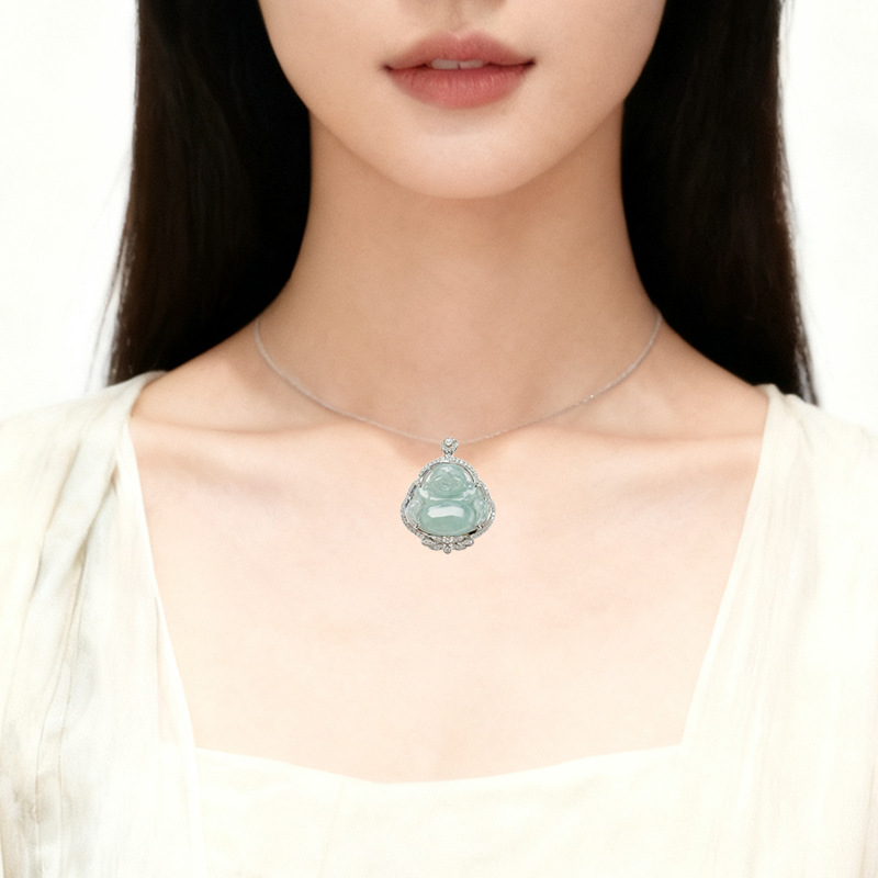 Platinum Pt950 Cultivated Diamond Jade Smiling Buddha Inlaid Full Diamond Pendant