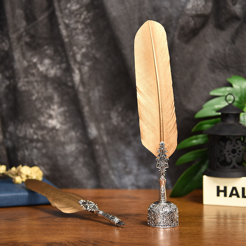 Free Shipping New European Style Dipped Feather Pen Exquisite Carved Pen Holder Creative Birthday Gift Box Student Retro Pen