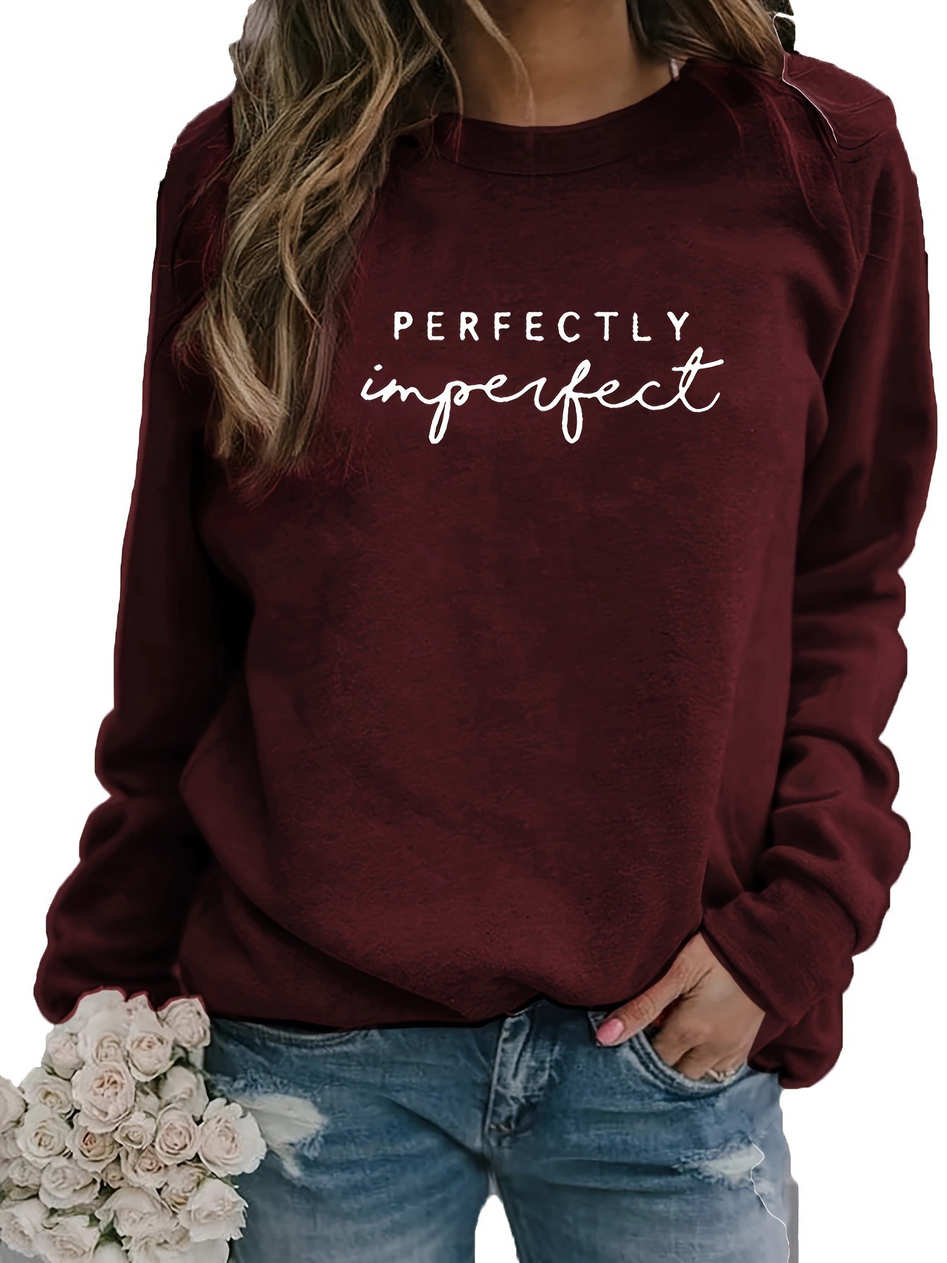 Women's Casual Round Neck Sweatshirt with the Word "Of the Not" Printed on It, Polyester Blend (60% Polyester, 3