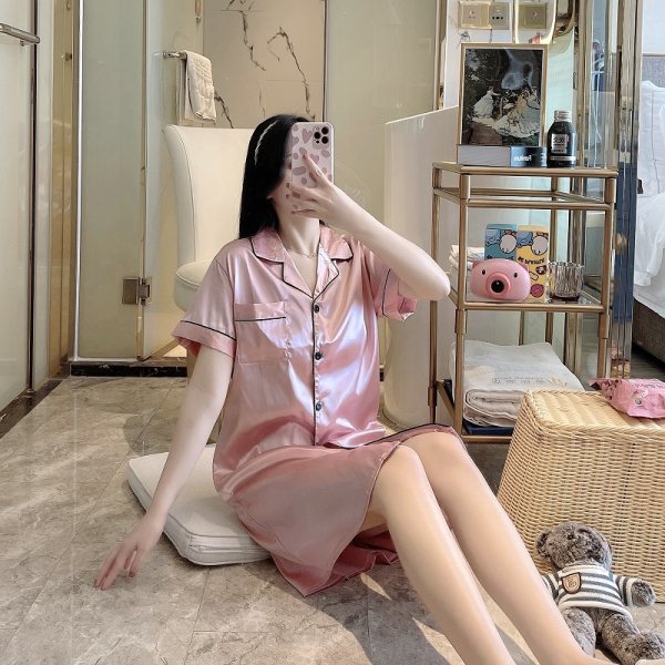 Foreign Trade Pajamas 2024 Women's Summer Solid Color Nightgown Loose Skirt Silk Loungewear