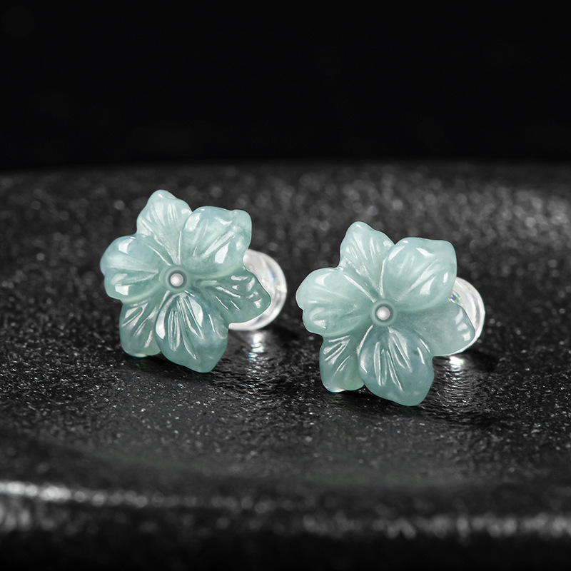 Natural A goods jade blue water orchid earrings ice jade stone petals S925 silver inlaid antique women's earrings wholesale