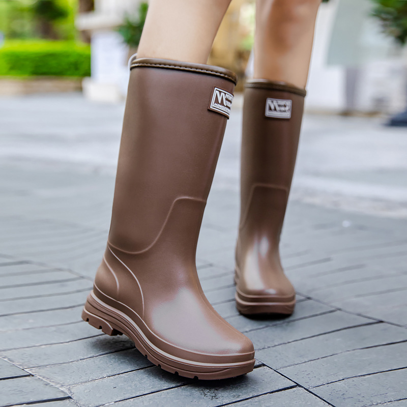 Korean Style High-Top Rain Boots for Women, Outdoor Waterproof Shoes, Kitchen Work Non-Slip Water Boots, Adult Fleece-Lined Thick-Soled Rain Boots