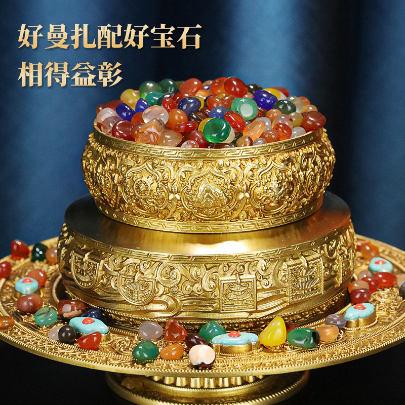 Xizang Buddhist Offering Mandala Plate with Seven Gemstones, Colored Natural Agate Crystal Gemstones, Available in Various Sizes